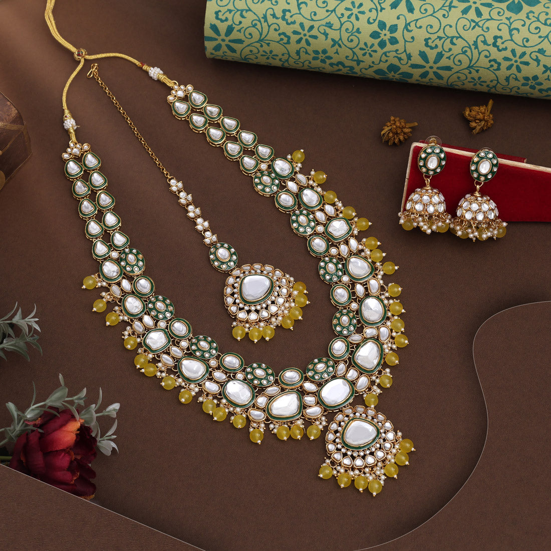 Yellow Color Meena Work Kundan Necklace Set With Bright Glossy Finish