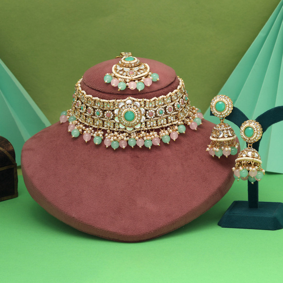 Pink & Pista Green Color Choker Kundan Necklace Set With Dual Finish