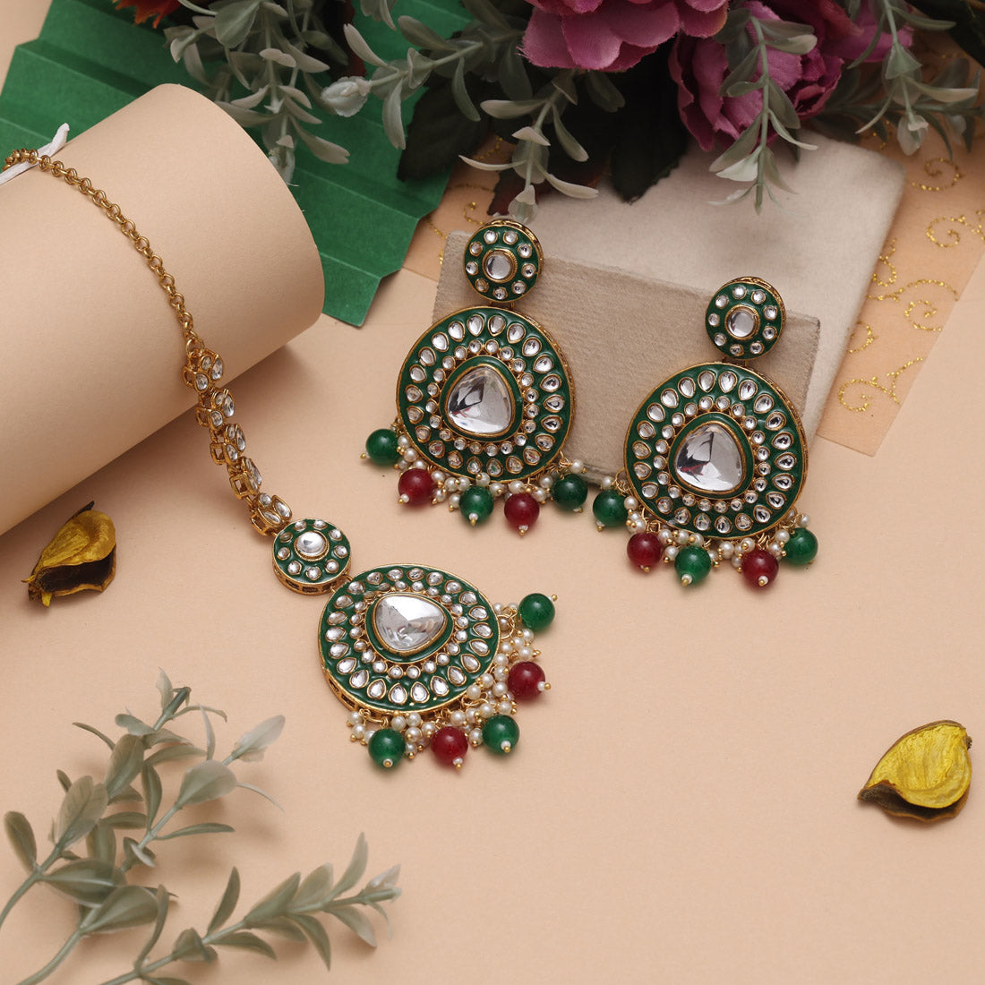 Maroon & Green Color Meena Work Kundan Necklace Set With Dual Elegance
