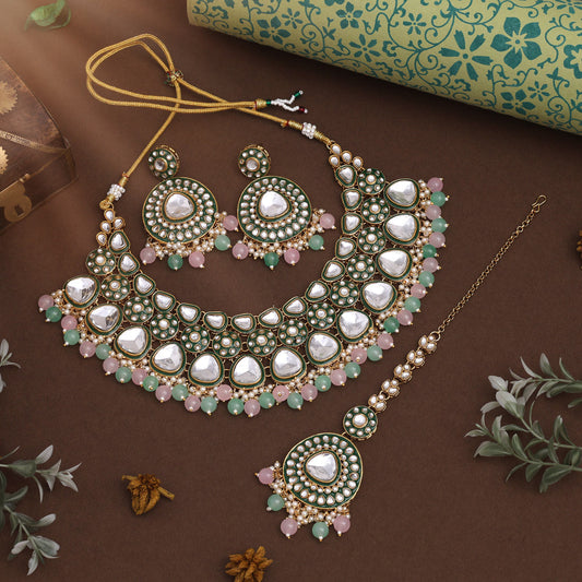 Pink & Pista Green Color Meena Work Kundan Necklace Set For Bridesmaids