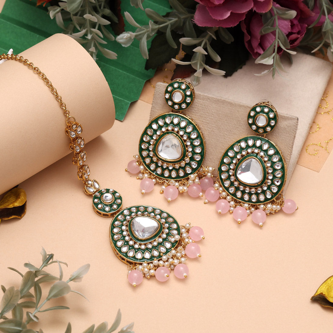 Pink Color Meena Work Kundan Necklace Set With Vibrant Finish And Stones
