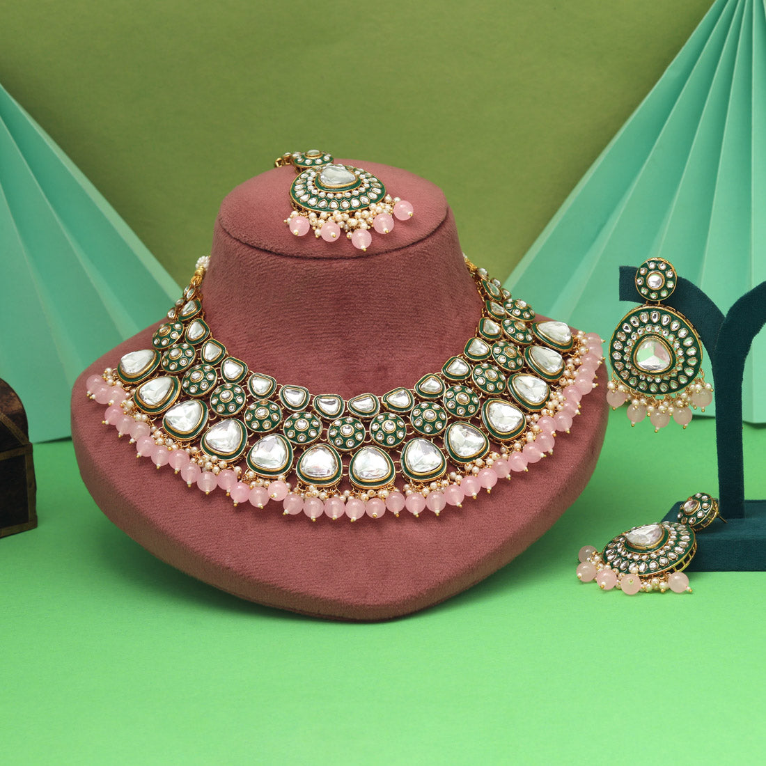Pink Color Meena Work Kundan Necklace Set With Vibrant Finish And Stones