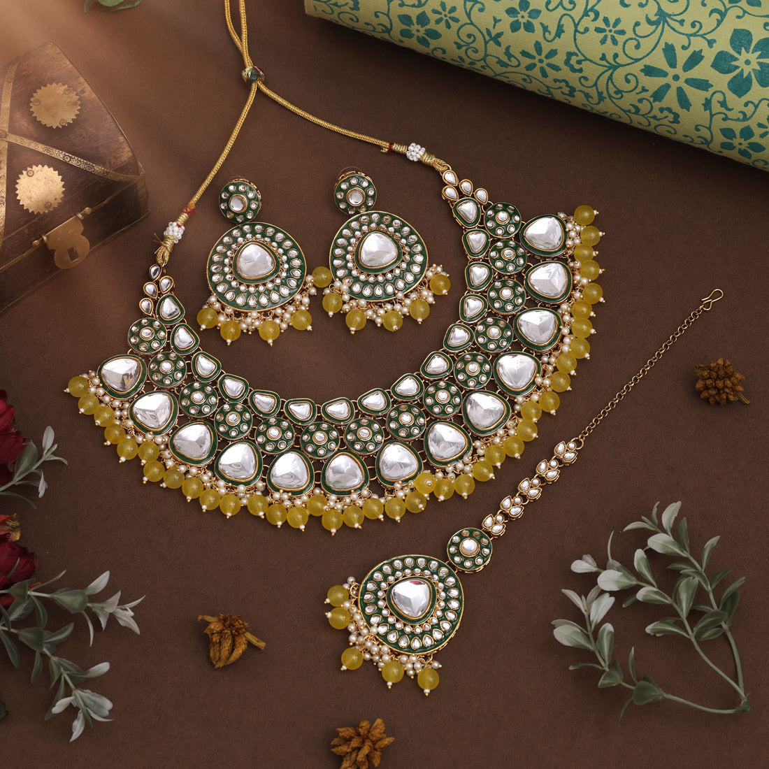 Yellow Color Meena Work Kundan Necklace Set For Traditional Festive Vibe