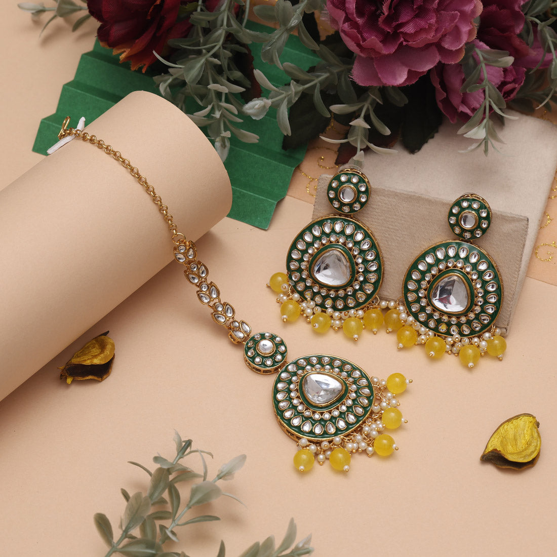 Yellow Color Meena Work Kundan Necklace Set For Traditional Festive Vibe