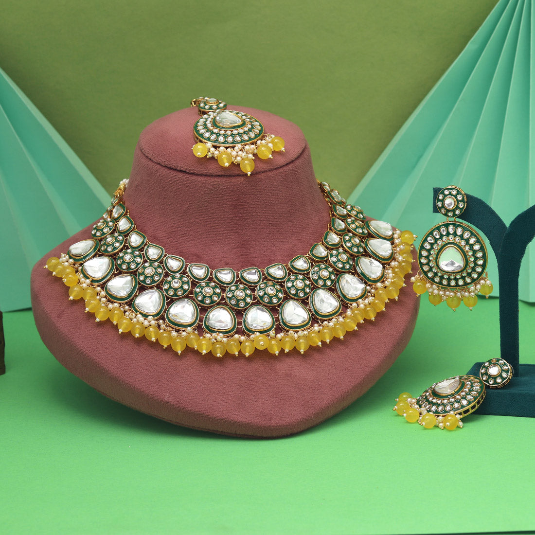 Yellow Color Meena Work Kundan Necklace Set For Traditional Festive Vibe