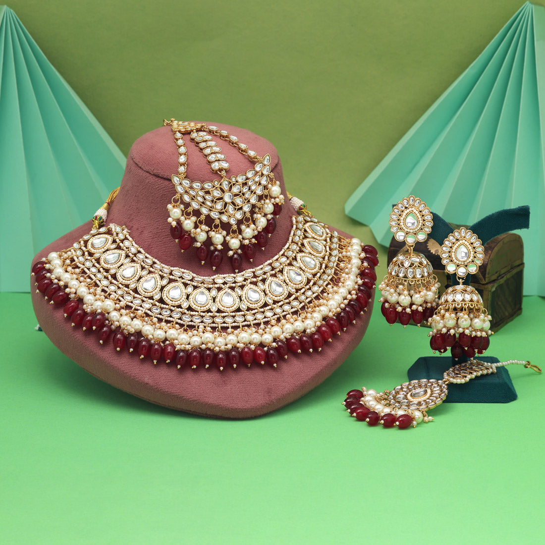 Maroon Color Kundan Necklace Set Crafted For Rich Traditional Look