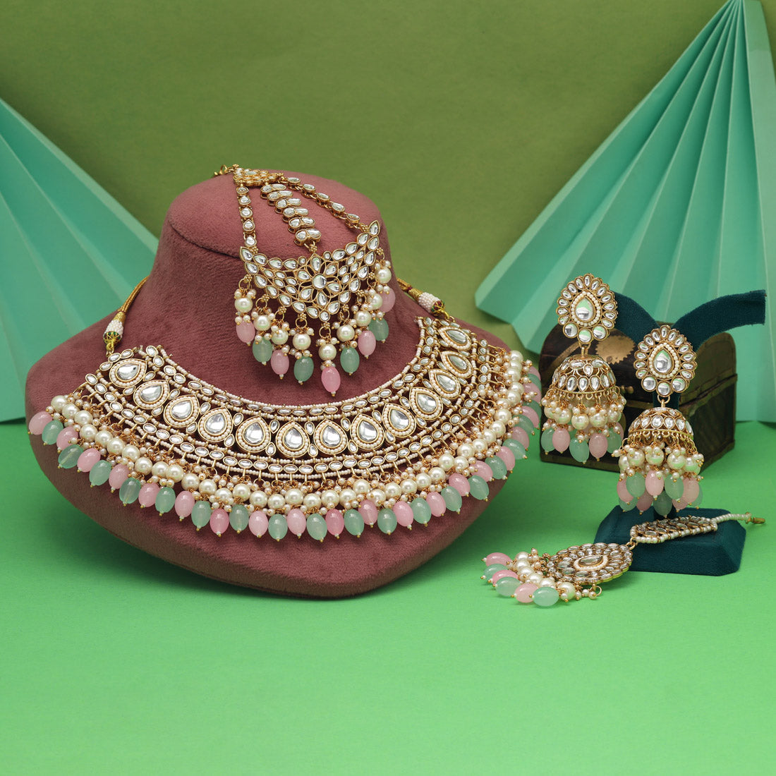 Pink & Pista Green Color Kundan Necklace Set With Fine Carving Details