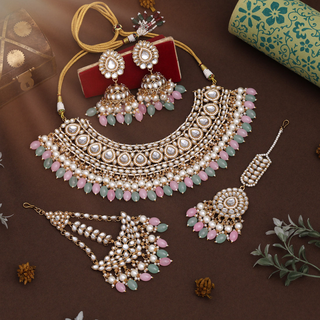 Pink & Pista Green Color Kundan Necklace Set With Fine Carving Details
