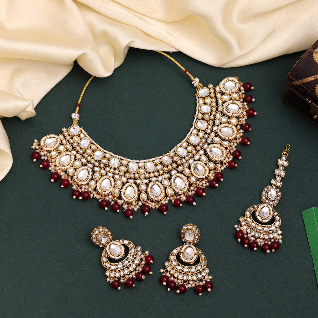 Royal Maroon Color Kundan Necklace Set With Heavy Stone Work Finish