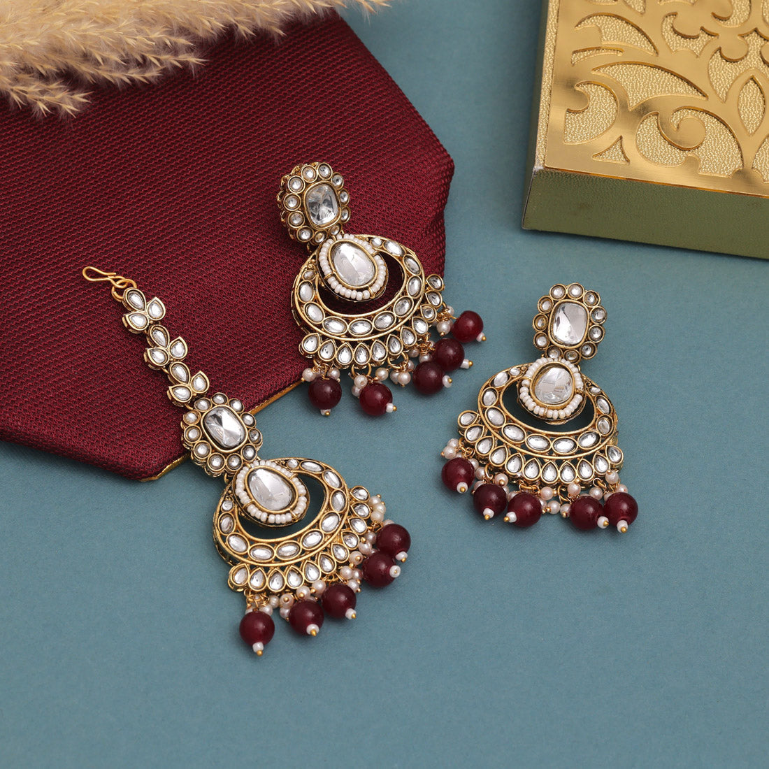 Royal Maroon Color Kundan Necklace Set With Heavy Stone Work Finish