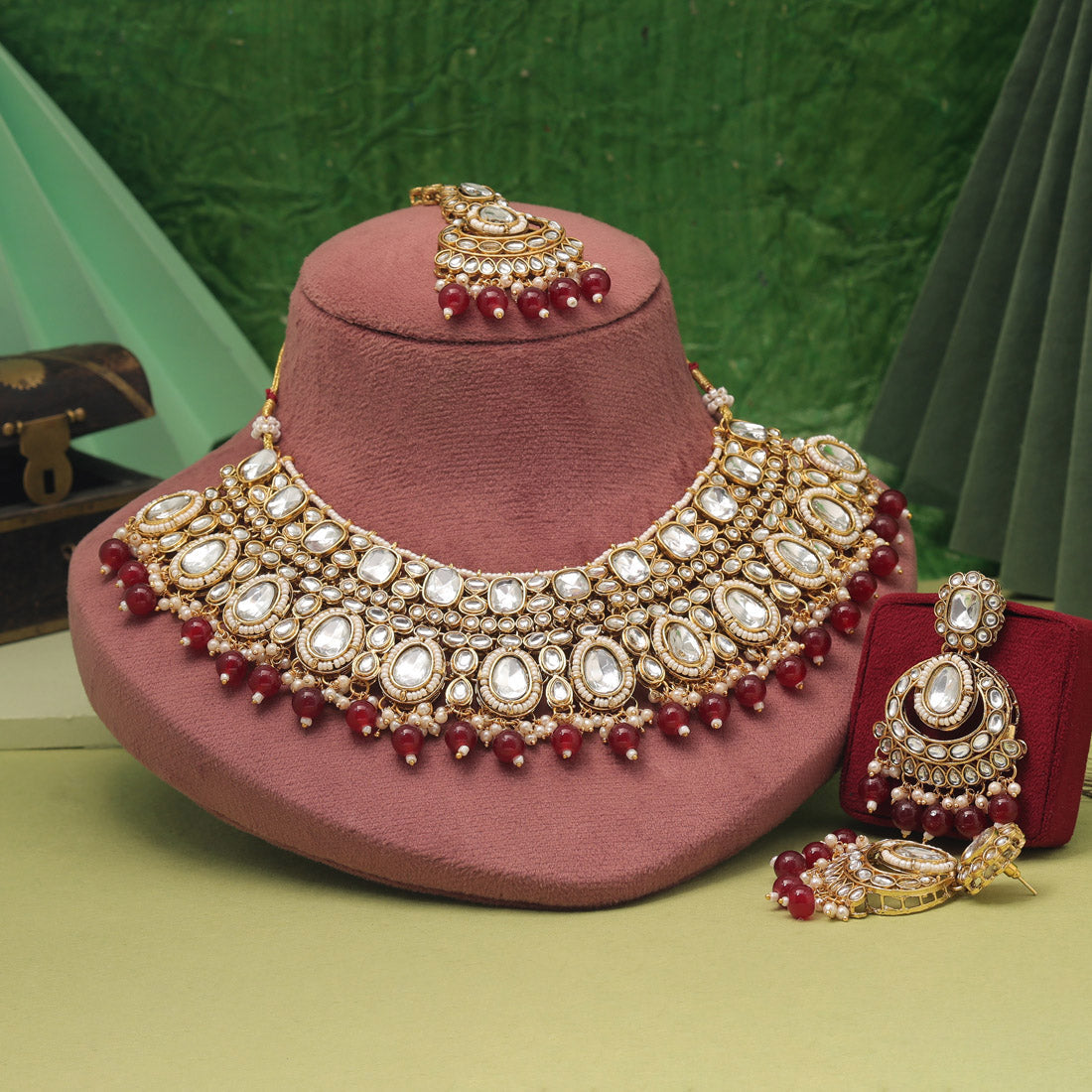 Royal Maroon Color Kundan Necklace Set With Heavy Stone Work Finish