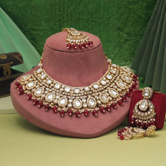 Royal Maroon Color Kundan Necklace Set With Heavy Stone Work Finish