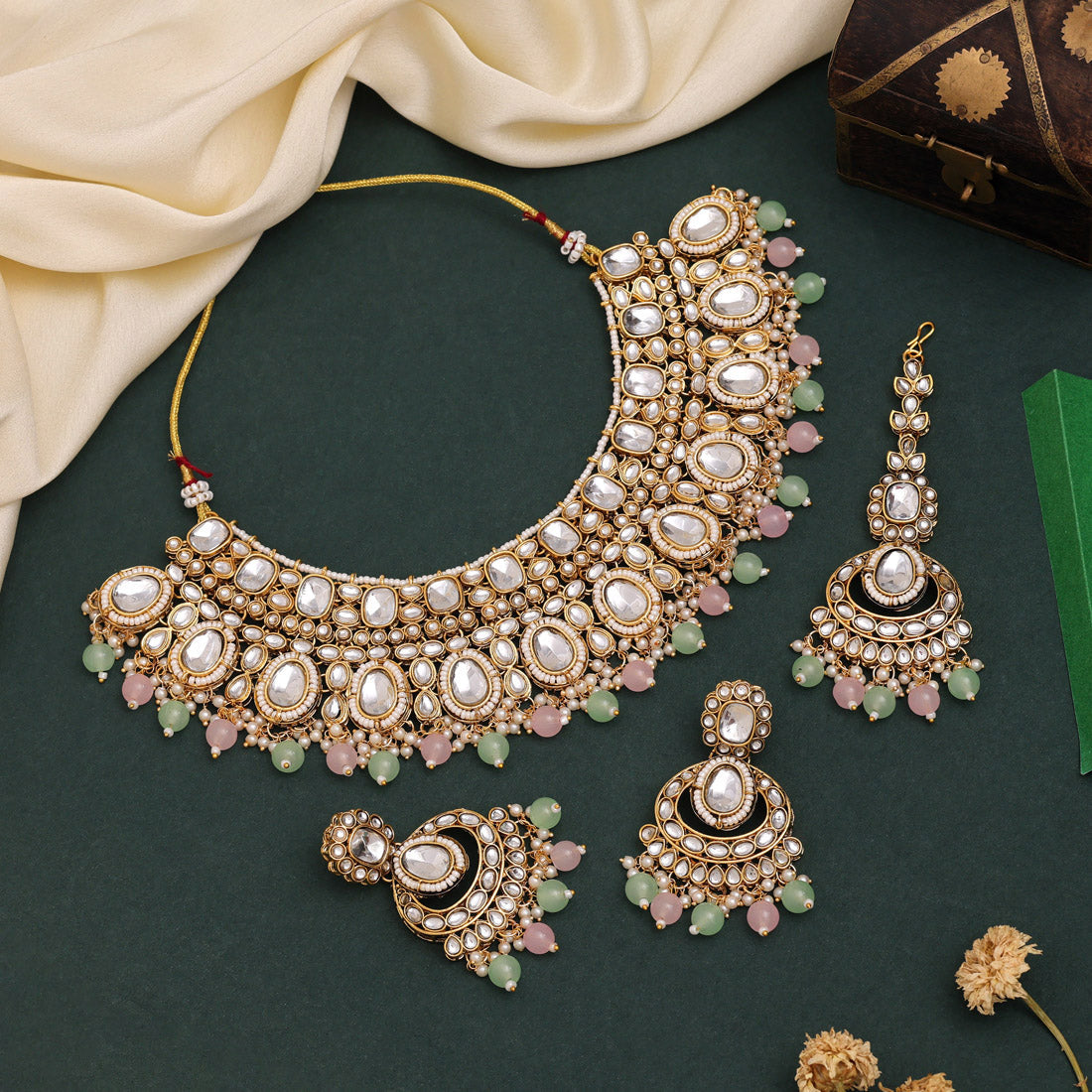 Elegant Pink & Pista Green Color Designer Kundan Necklace Set For Women