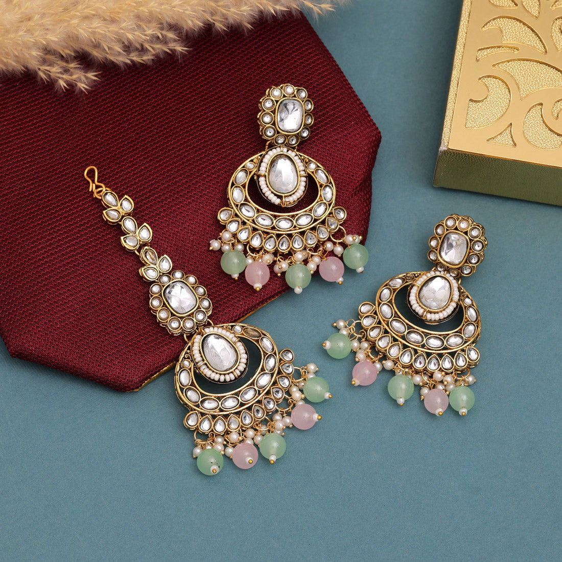 Elegant Pink & Pista Green Color Designer Kundan Necklace Set For Women