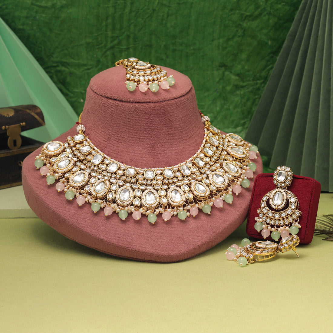 Elegant Pink & Pista Green Color Designer Kundan Necklace Set For Women