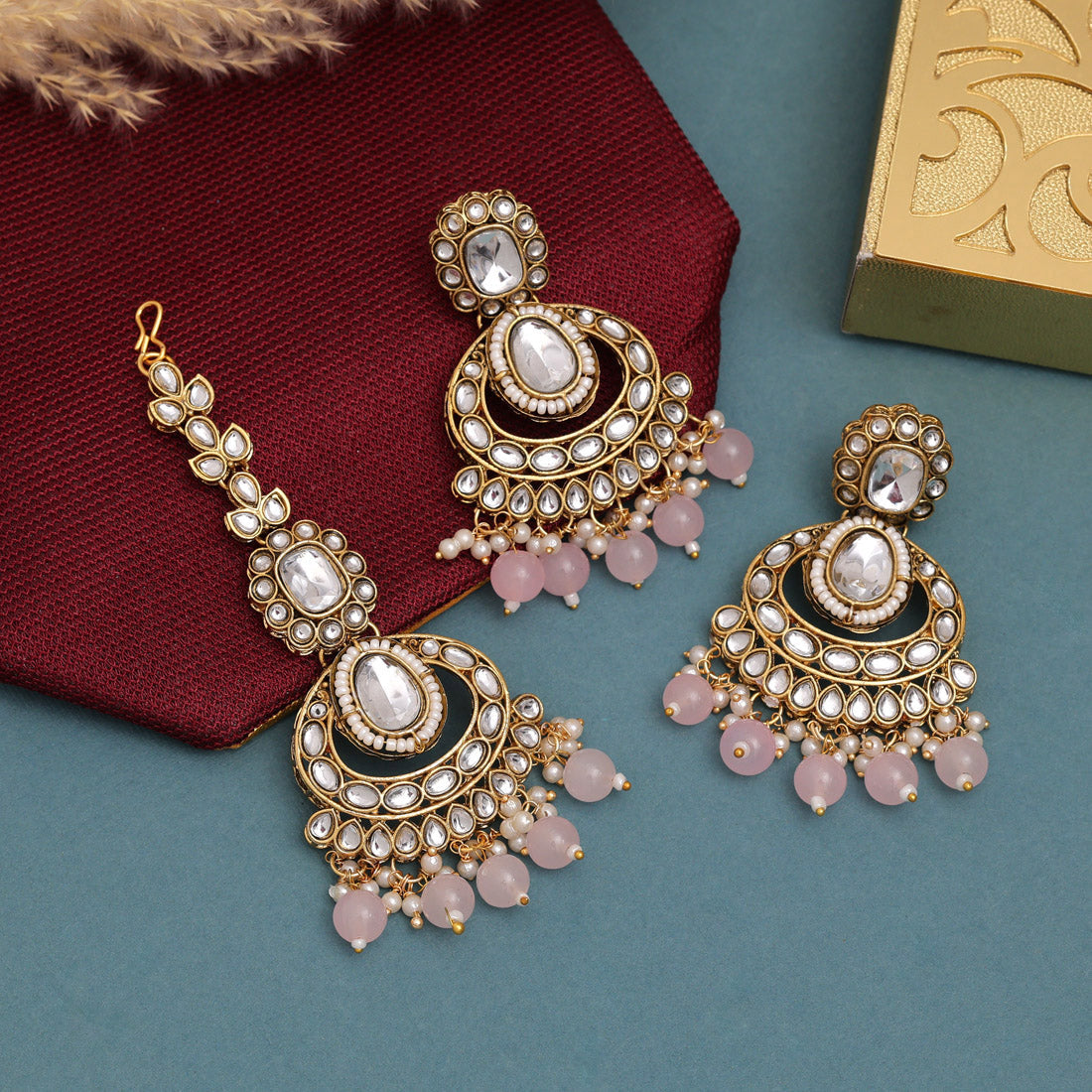 Beautiful Pink Color Kundan Necklace Set For Ethnic And Party Wear