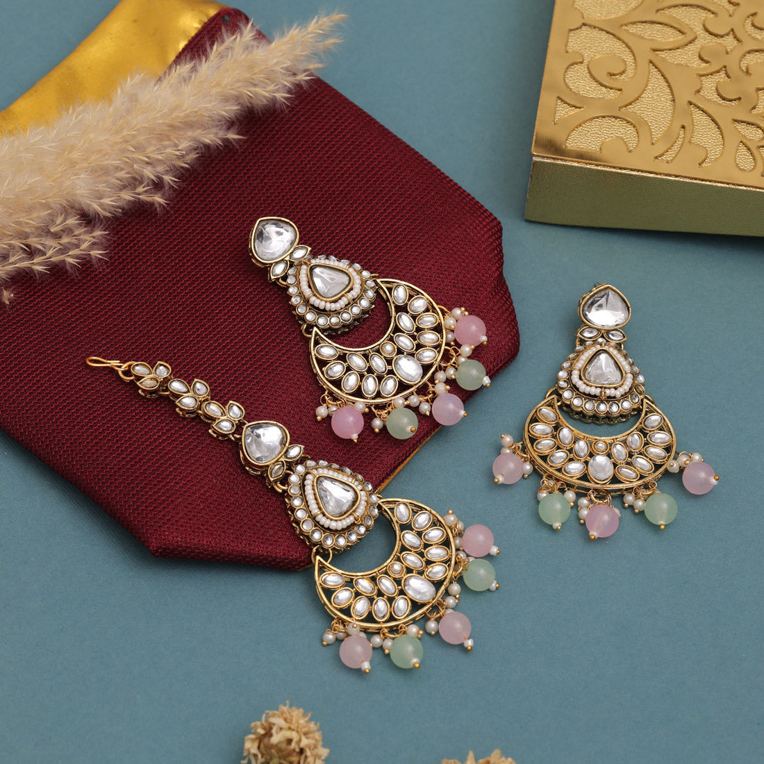 Pink & Pista Green Color Kundan Necklace Set With Pearl Embellishments