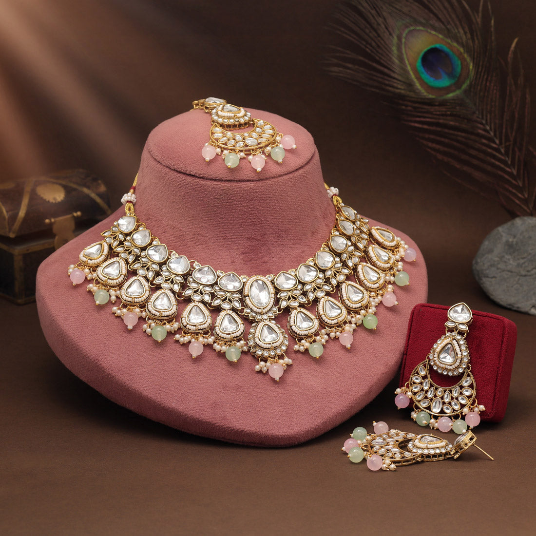 Pink & Pista Green Color Kundan Necklace Set With Pearl Embellishments