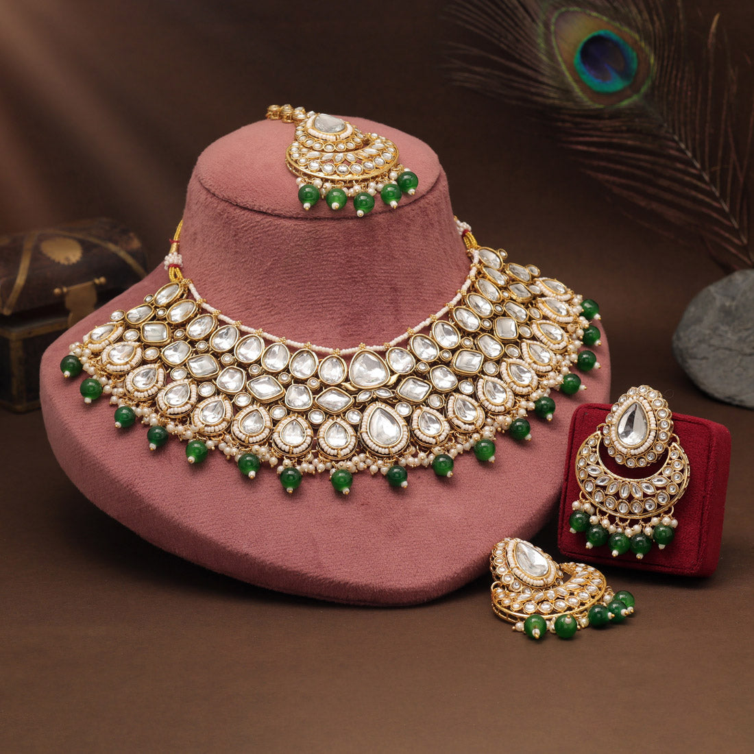 Vibrant Green Color Kundan Necklace Set For Sangeet And Mehendi Nights