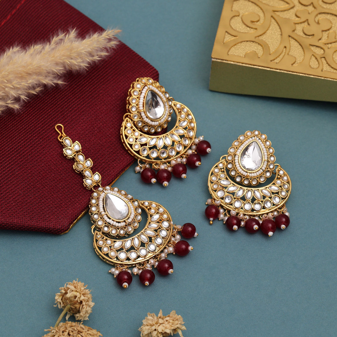 Antique Maroon Color Kundan Necklace Set For Rich Traditional Styling