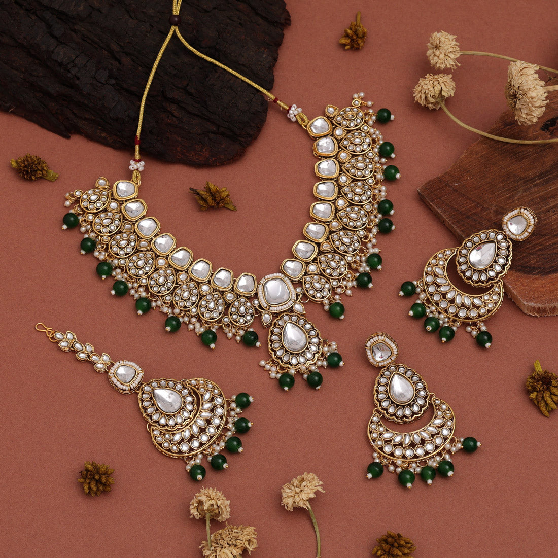 Green Color Kundan Necklace Set With Ethnic Vibes And Bold Accents