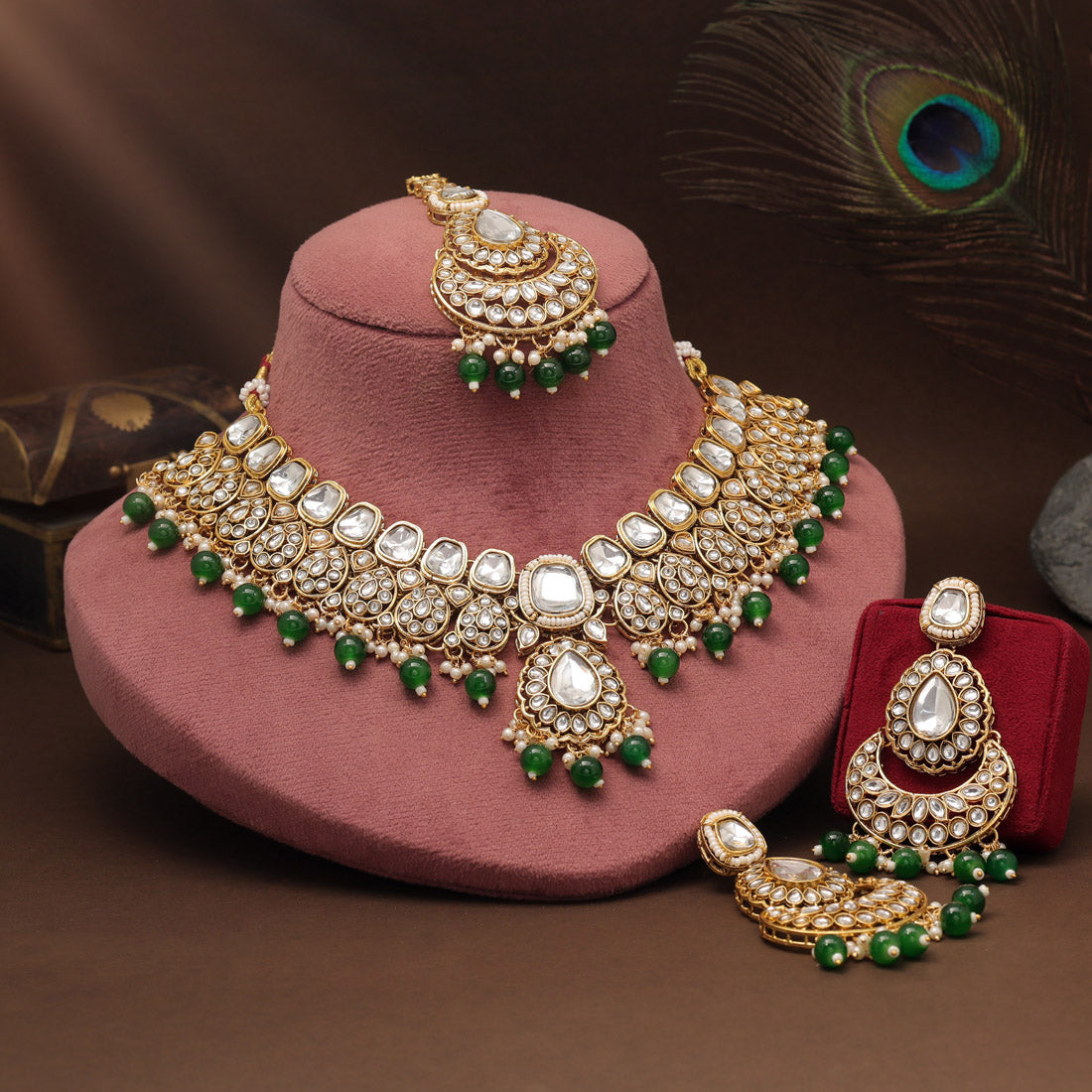 Green Color Kundan Necklace Set With Ethnic Vibes And Bold Accents