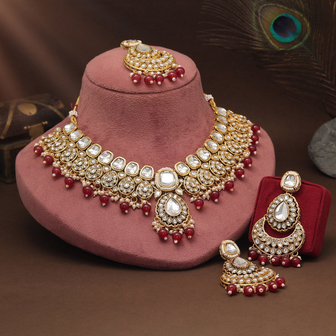 Deep Maroon Color Kundan Necklace Set For Bridal And Festival Dress