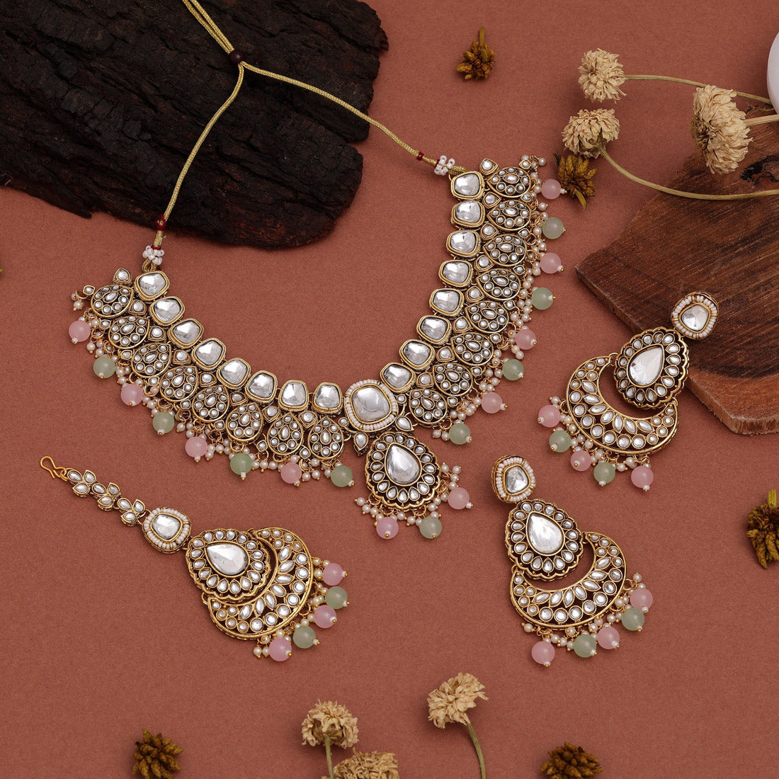 Dual Tone Pink & Pista Green Color Kundan Necklace Set For Gifting