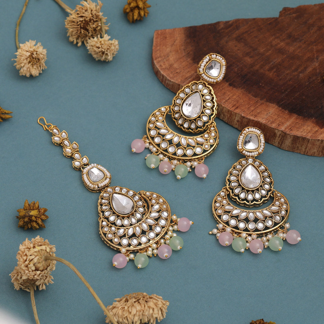 Dual Tone Pink & Pista Green Color Kundan Necklace Set For Gifting