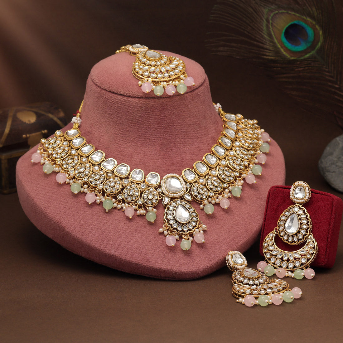 Dual Tone Pink & Pista Green Color Kundan Necklace Set For Gifting