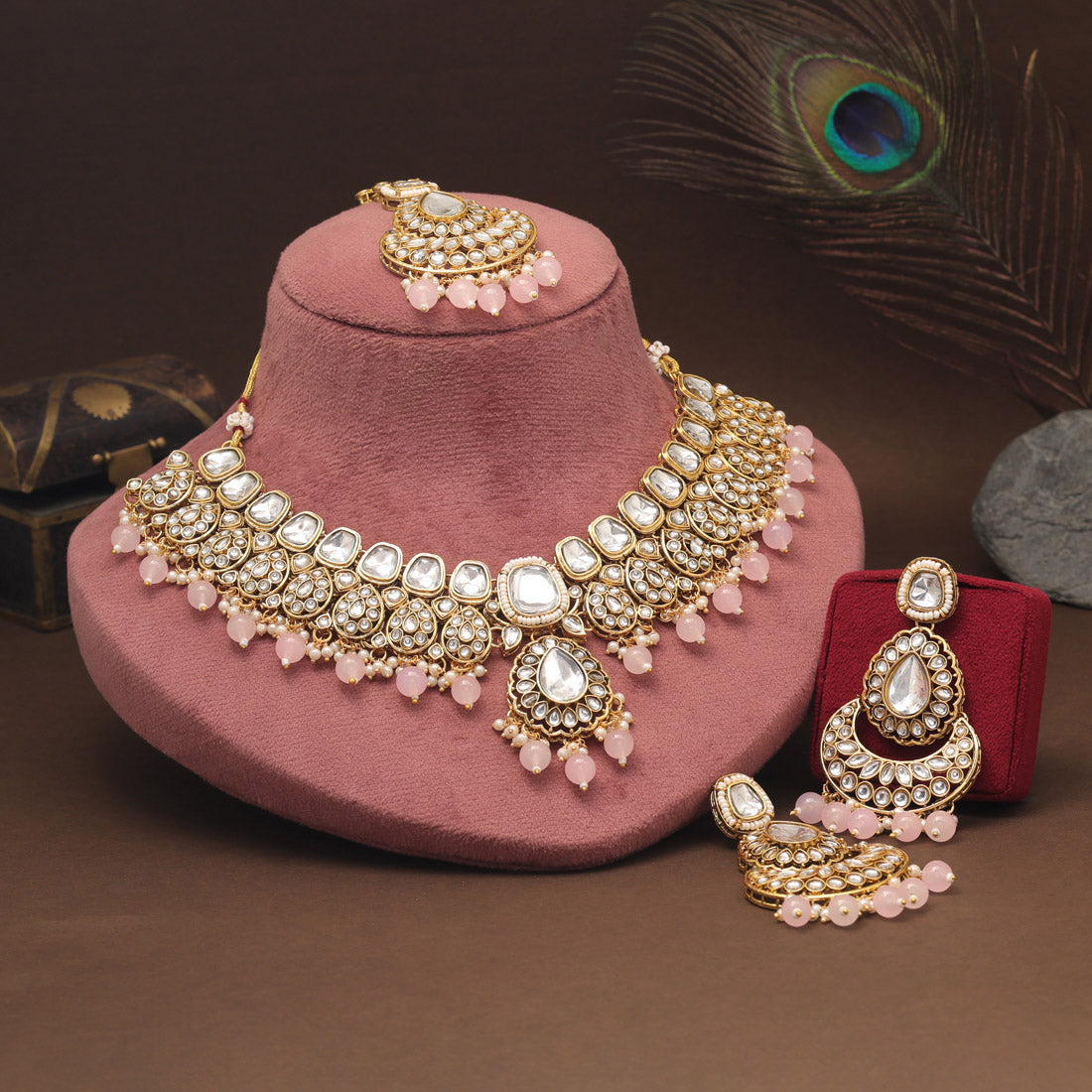 Pink Color Kundan Necklace Set For Women’S Festival And Event Wear