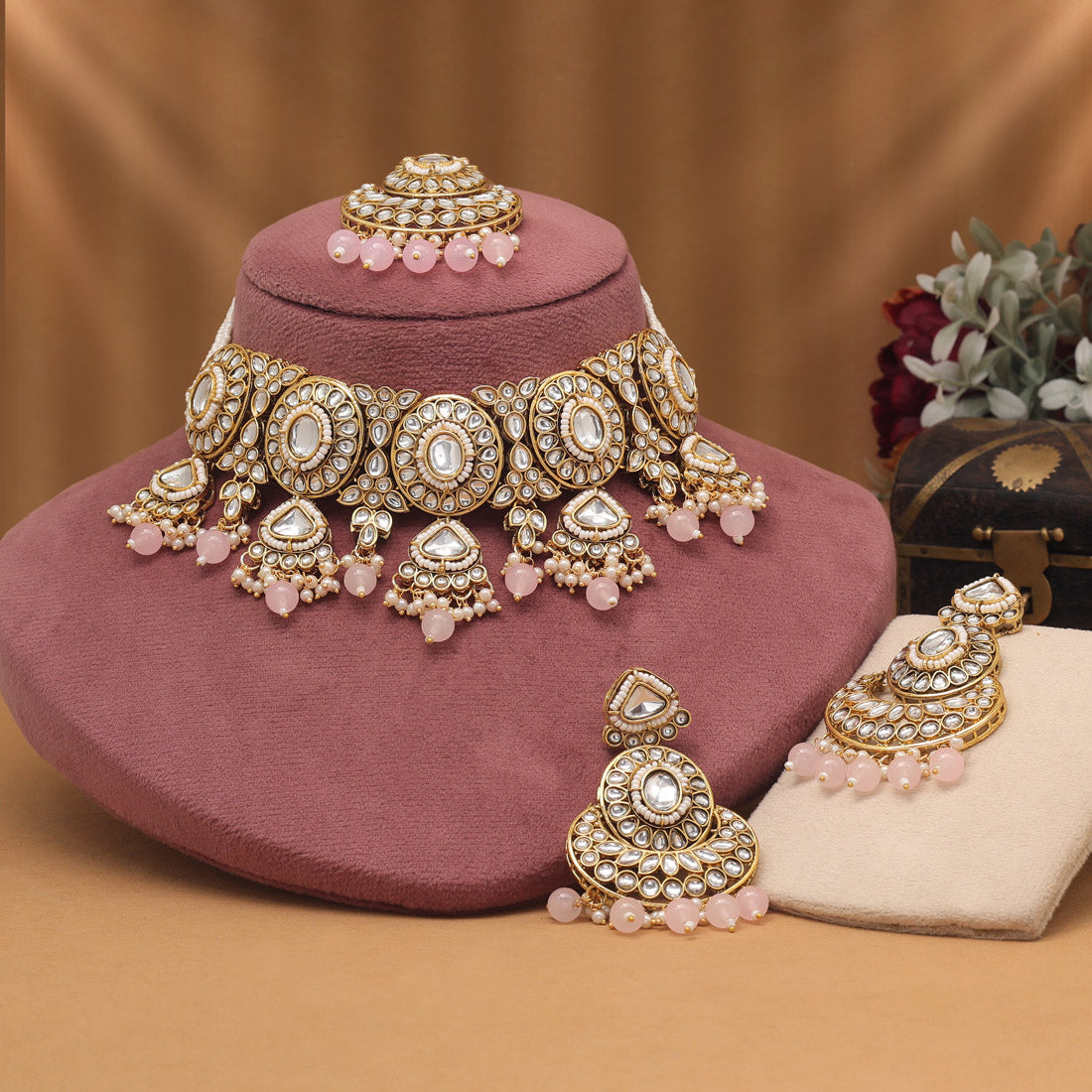 Bright Pink Color Choker Kundan Necklace Set For Traditional Party Wear