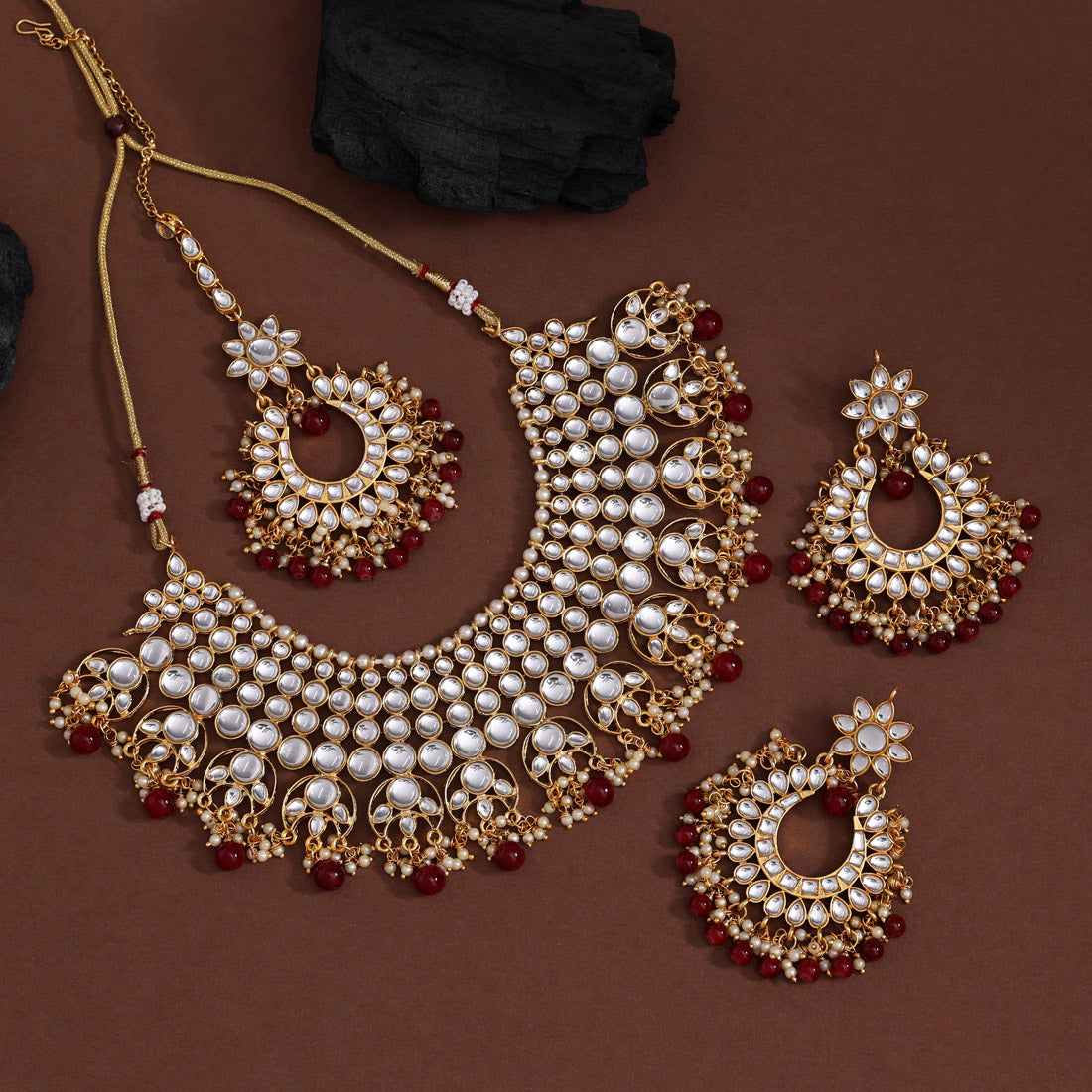 Maroon Color Imitation Pearl Kundan Necklace With Earrings & Maang Tikka For Women (KN197MRN)