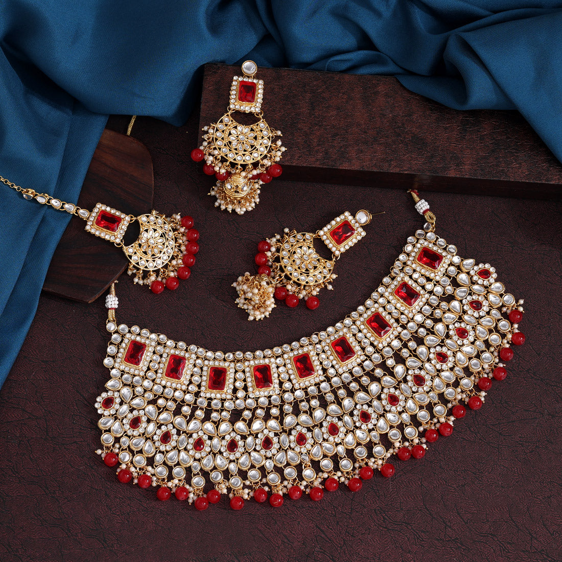 Red Color Kundan Bridal Necklace Set (KN222RED)