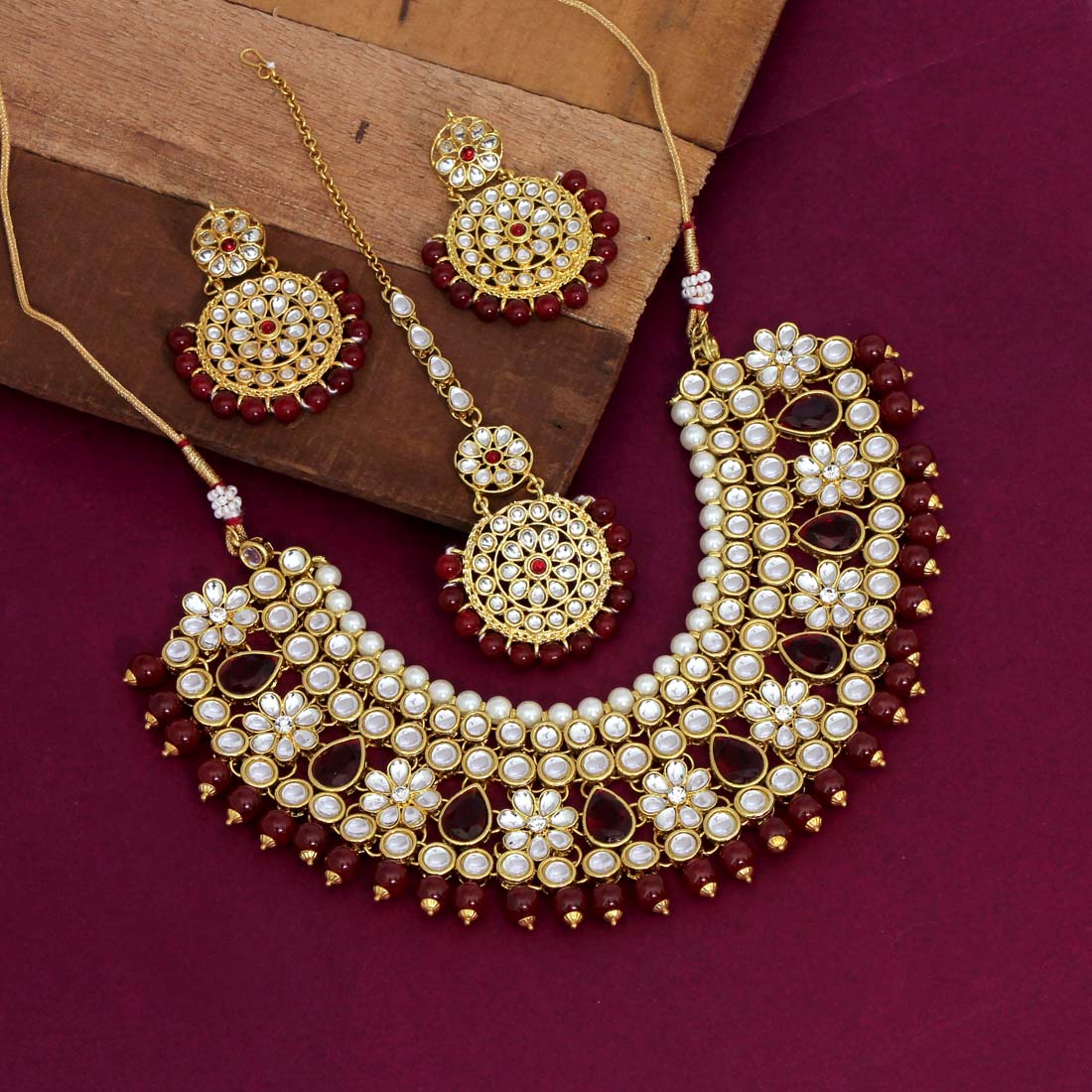 Maroon Color Kundan Necklace Set (KN845MRN)