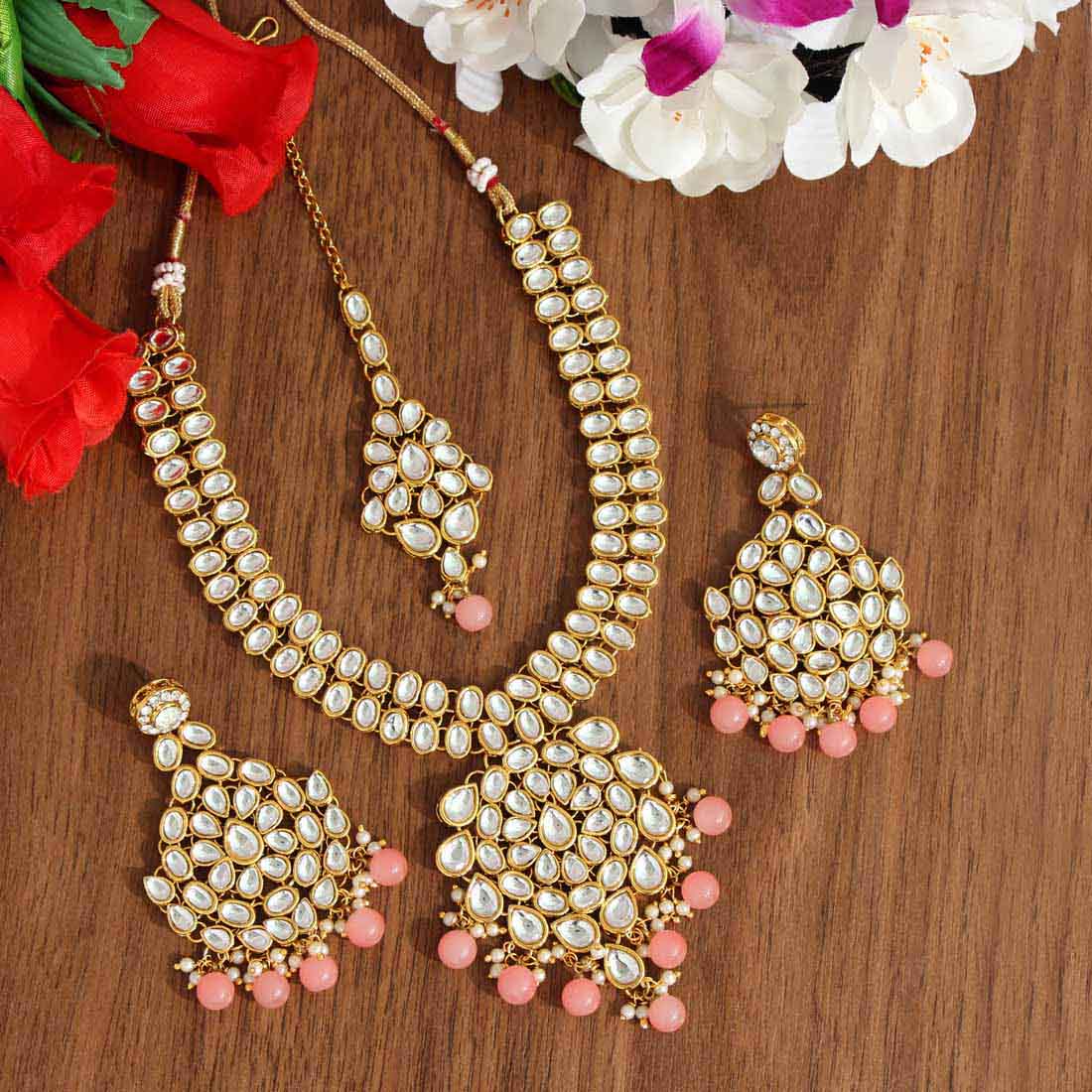 Peach Color Kundan Necklace Set – Eindiawholesale