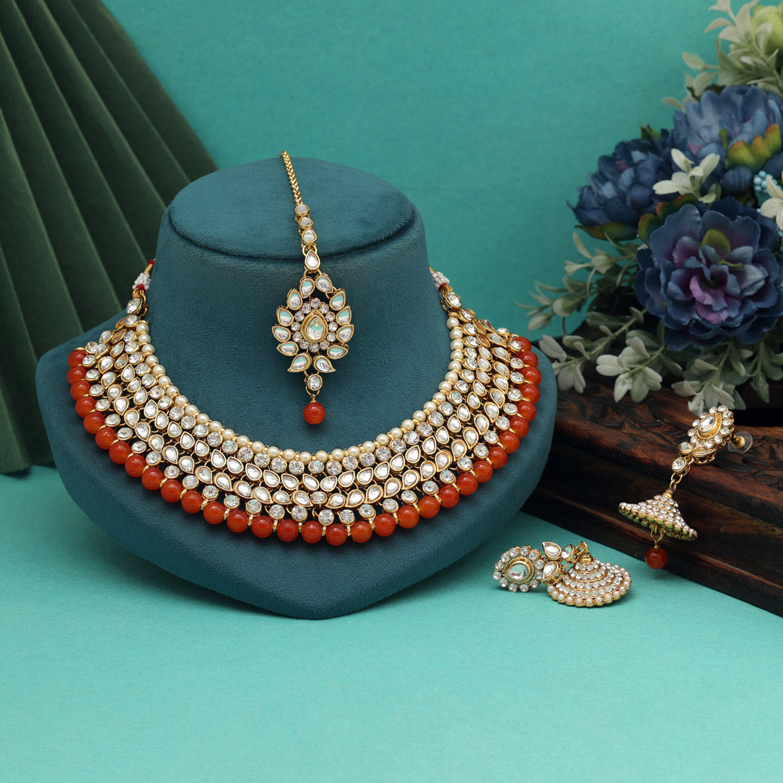 Orange Color Kundan Necklace Set (KN995ORG)
