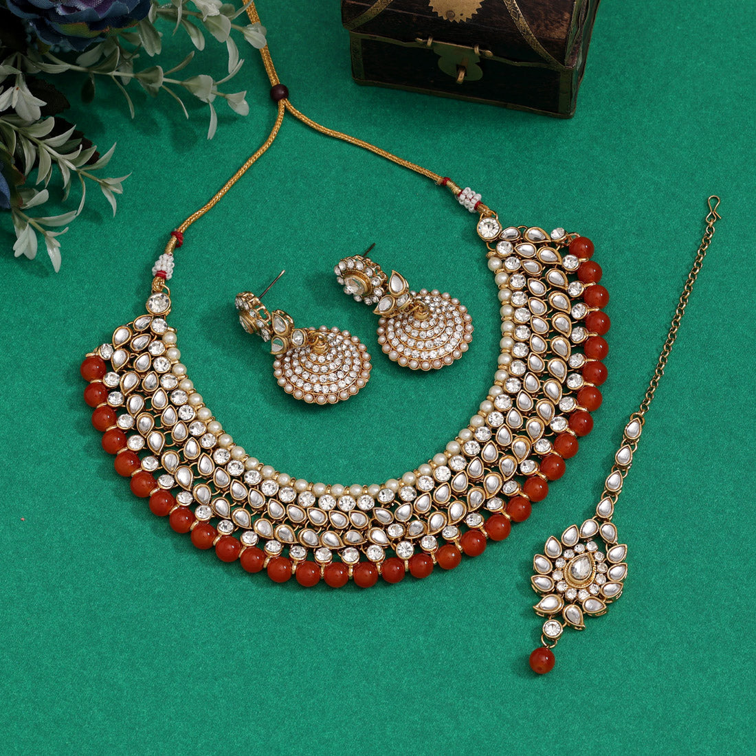 Orange Color Kundan Necklace Set (KN995ORG)
