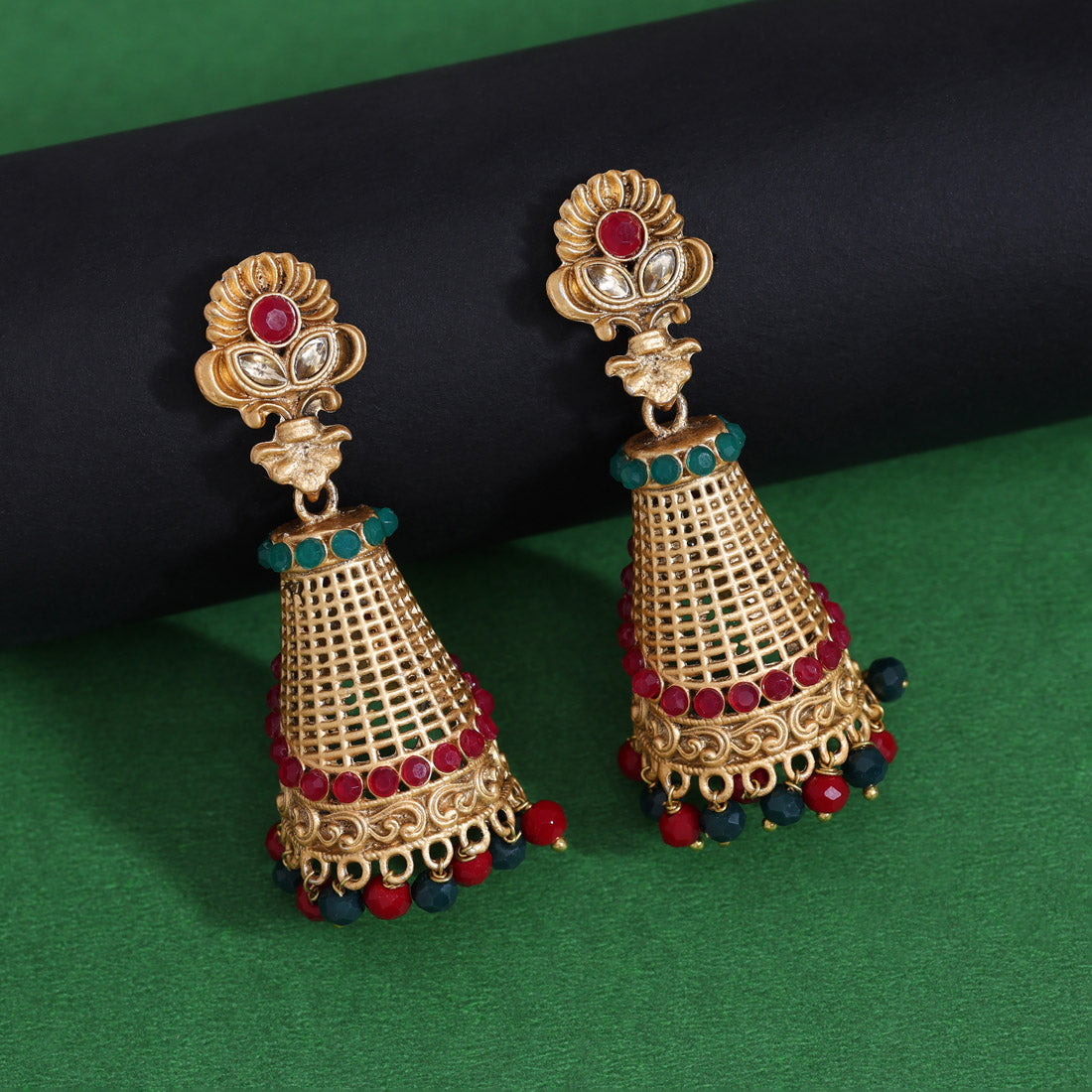 Rani & Green Color Rajwadi Matte Gold Earrings (MGE314RNIGRN)