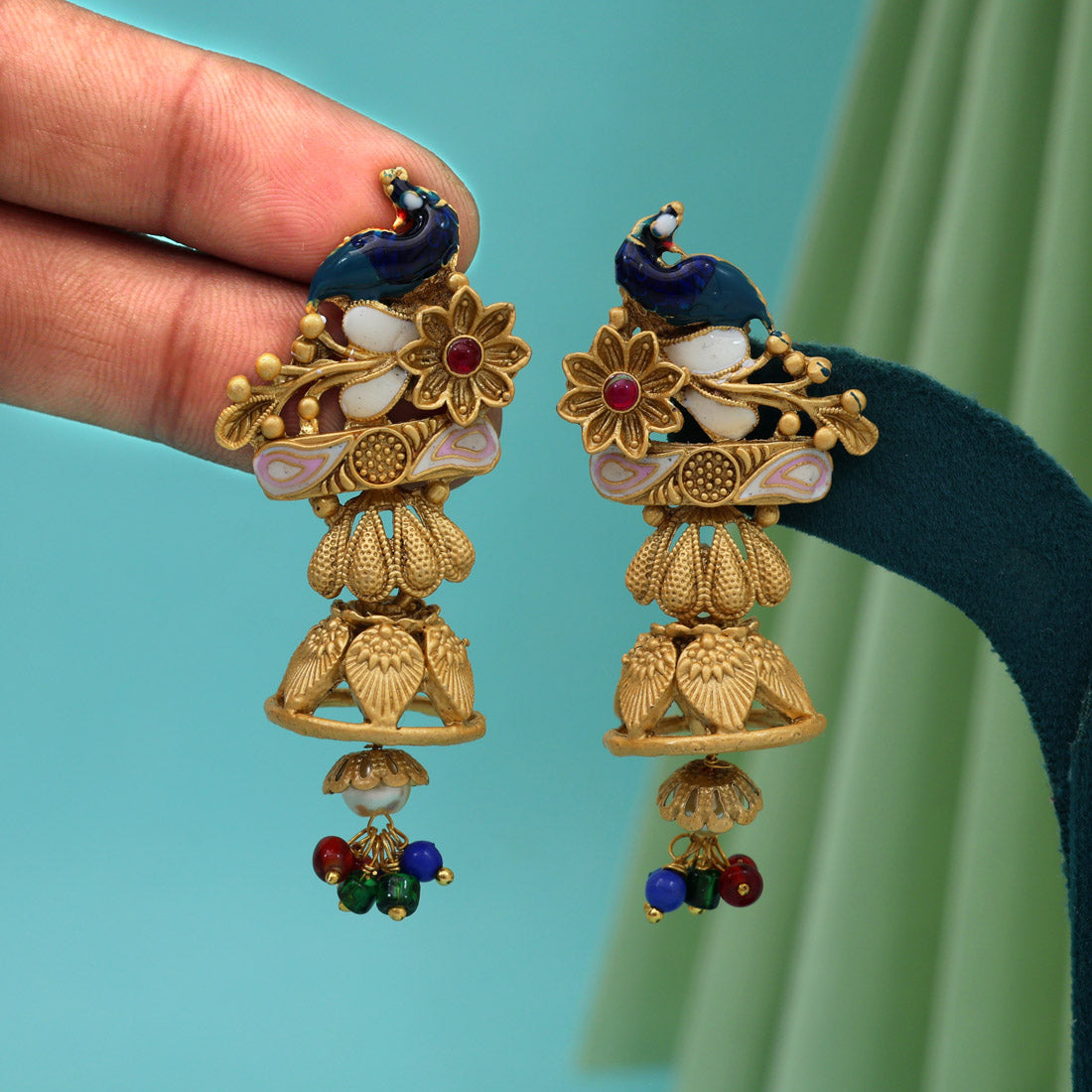Multi Color Rajwadi Matte Gold Earrings (MGE321MLT)