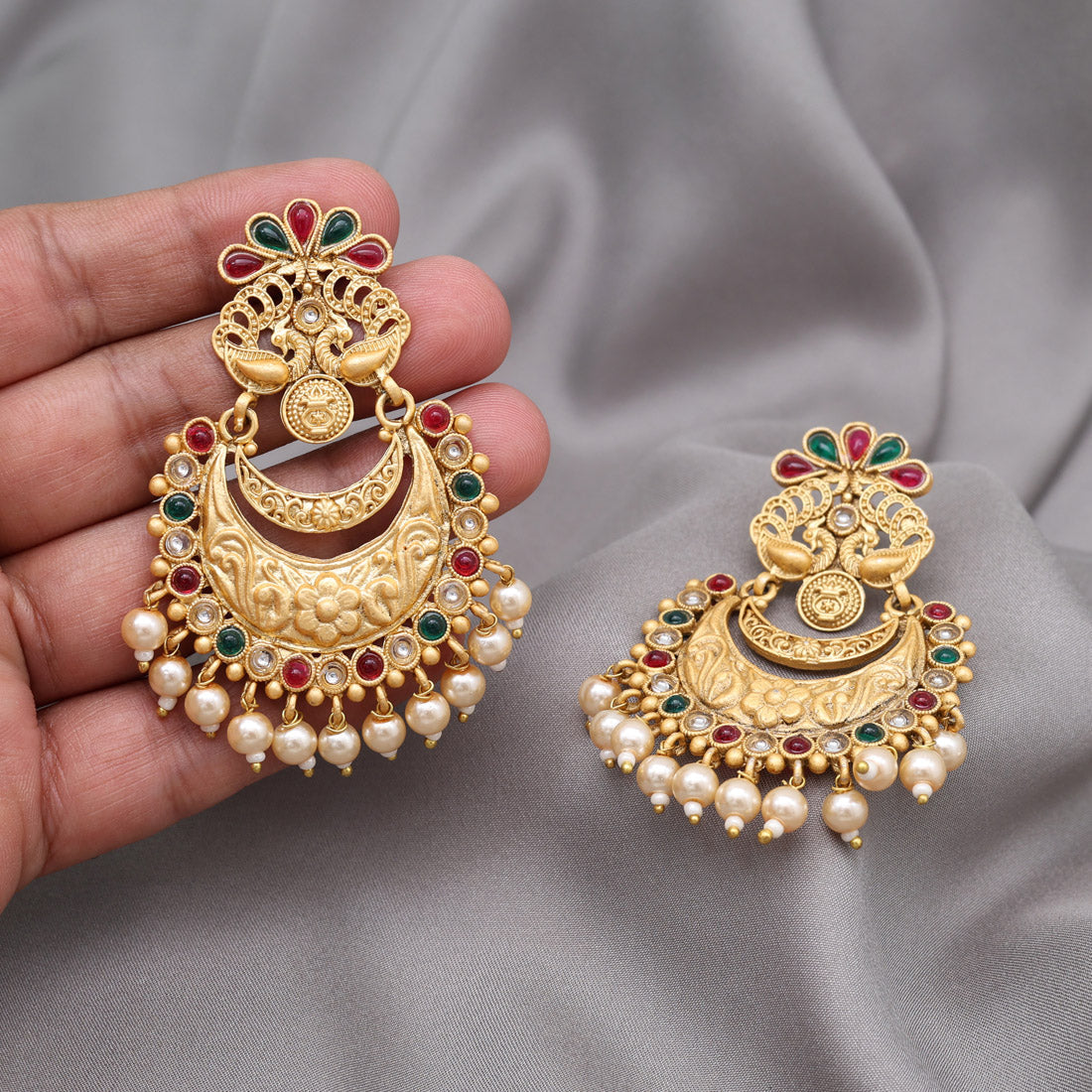 Rani & Green Color Rajwadi Matte Gold Earrings (MGE322RNIGRN)