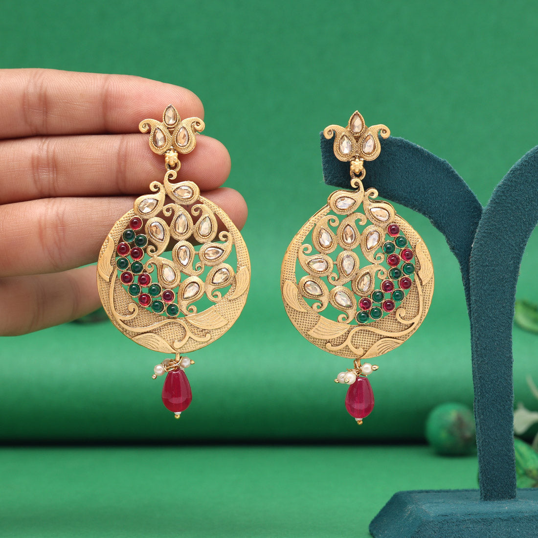 Rani & Green Color Rajwadi Matte Gold Earrings