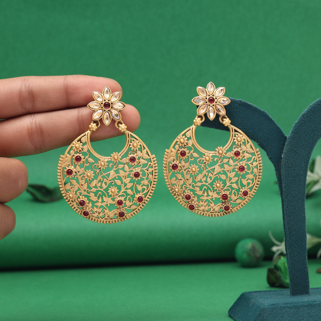 Rani Color Rajwadi Matte Gold Earrings