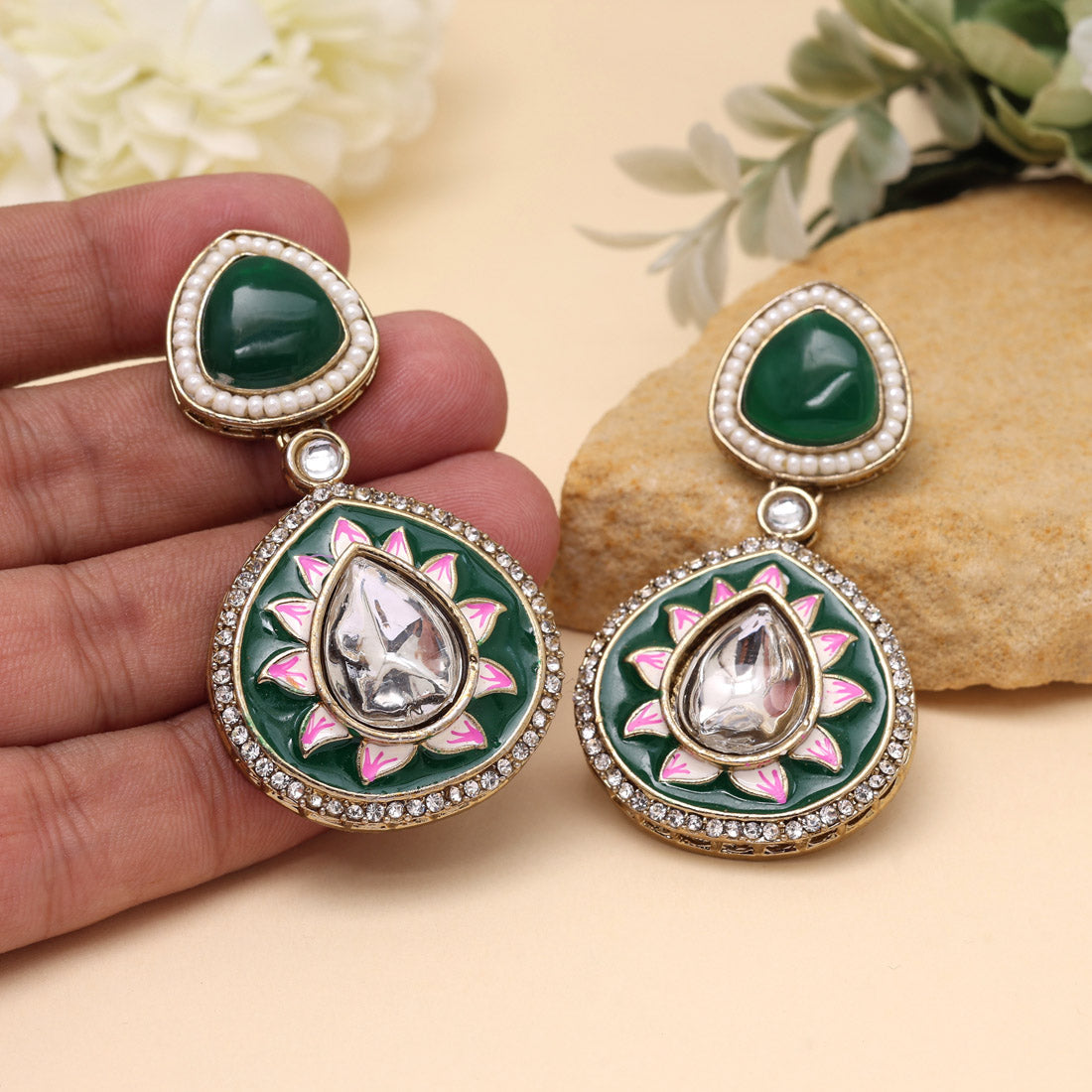 Green Color Meenakari Earrings (MKE2004GRN)