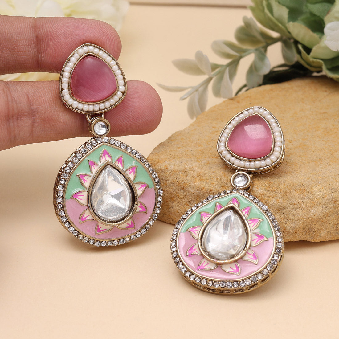Pink & Pista Green Color Meenakari Earrings (MKE2004PNKPGRN)