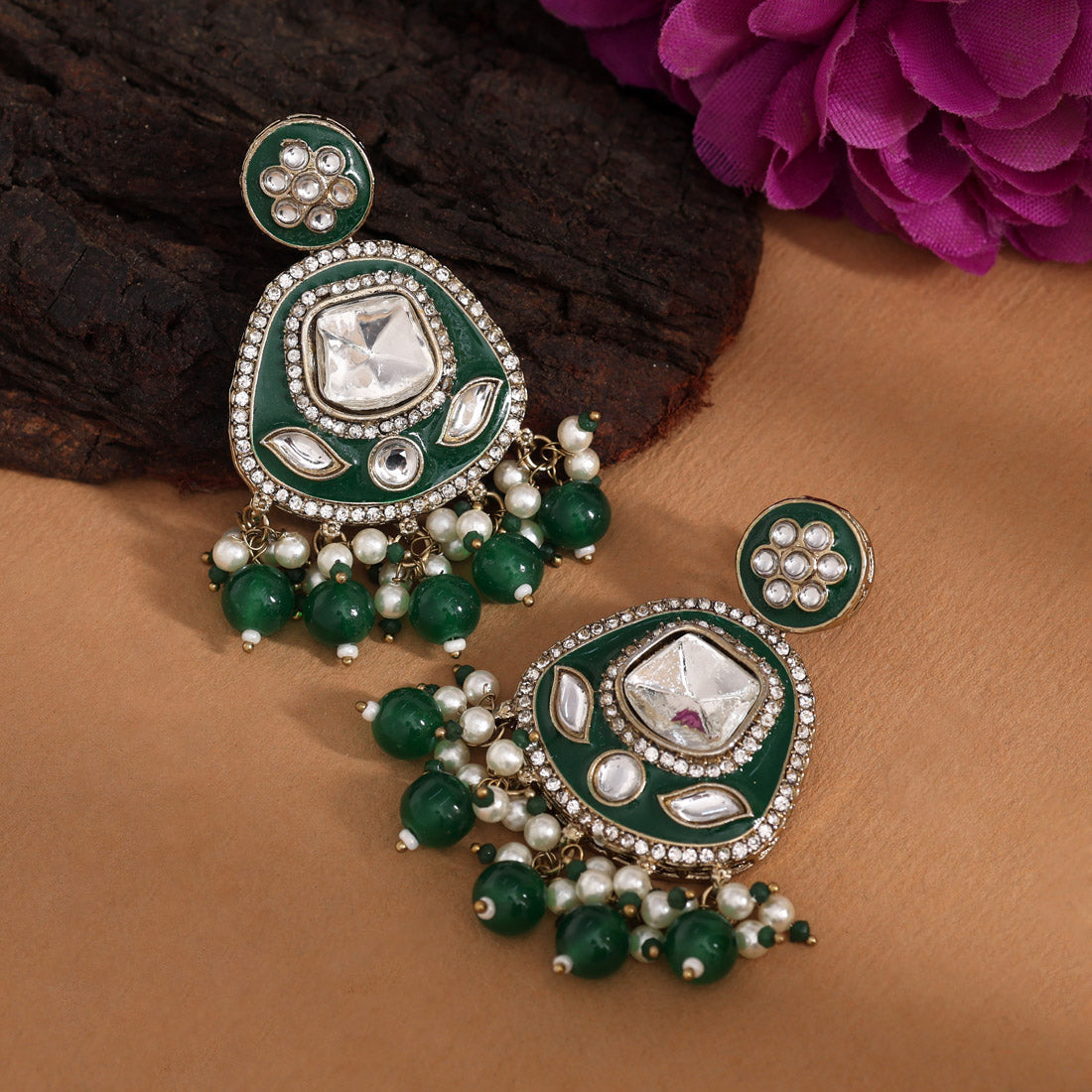 Green Color Kundan Meenakari Earrings (MKE2005GRN)
