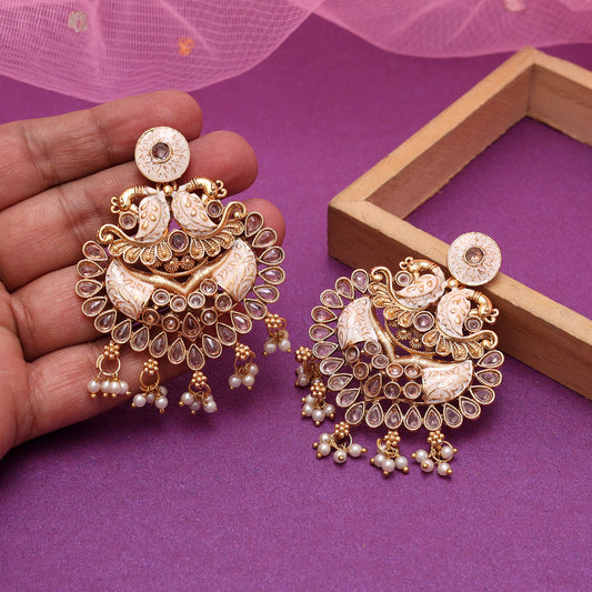 Gold Color Kundan Meenakari Earrings (MKE2010GLD)