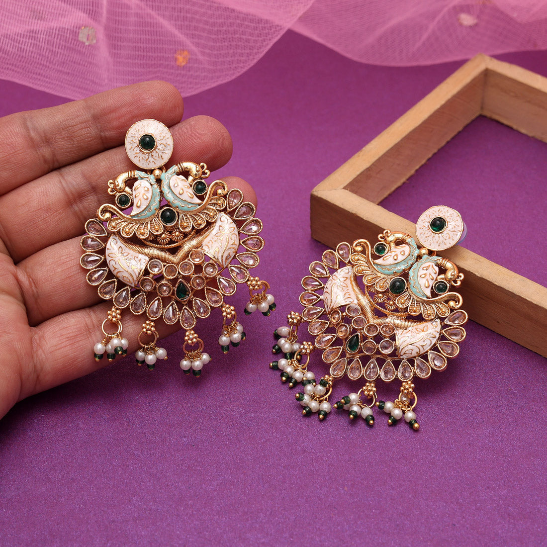 Green Color Kundan Meenakari Earrings (MKE2010GRN)