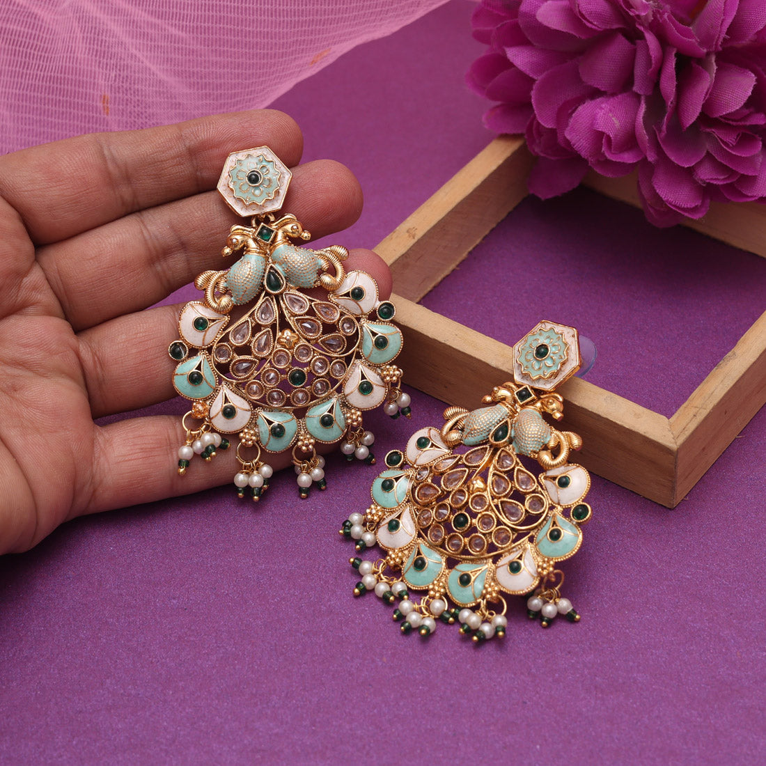 Green Color Kundan Meenakari Earrings (MKE2011GRN)