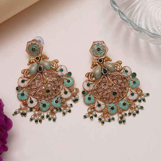 Green Color Kundan Meenakari Earrings (MKE2011GRN)